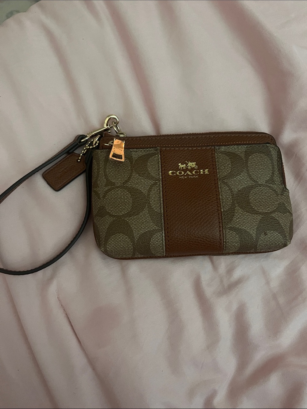 COACH Brown Signature Logo Wristlet with Leather Trim